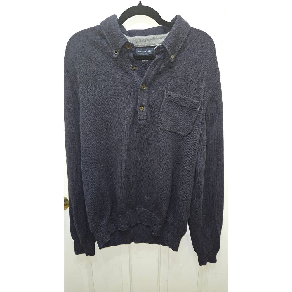 Lands' End Button Down Sweater Men's Size Large Navy 90% Cotton 10%‎ Cashmere